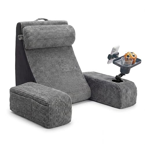 TabCouchCaddy Reading Pillow for Adults – 24” XL Memory Foam Backrest with Detachable Arms, Cup Holder, Phone Caddy & Adjustable Tray Mount | Back Pillow for Bed Sitting Up, Reading, TV & Recovery