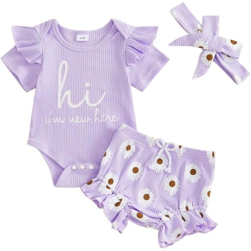 Infant Baby Girl Summer Clothes Ribbed Short Sleeve Letter Romper + Daisy Print Shorts + Headband Newborn Outfit