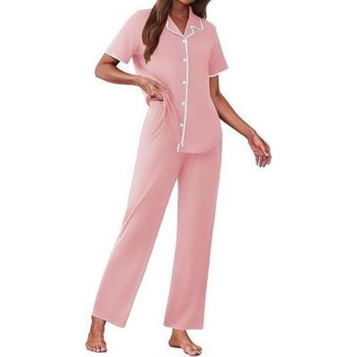 Ekouaer Women's Pajama Sets Button Down Loungewear Short Sleeve Sleepwear 2 Piece Pants Pjs Set with Pockets Pink L