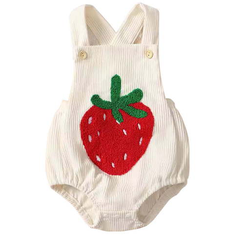 Odeerbi Baby Girls Clothes Strawberry Corduroy Rompers Summer Jumpsuits Infant Cute Towel Strawberry Embroidered Sling Bodysuit Sleeveless Short Onesie Red