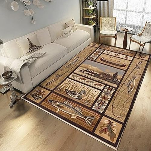 Cabin Style Area Rug, 5x8ft, Rustic Western Country Carpet, Cabin Nature and Animals Area Rug, Small Boat Recreational Fishing Non-Slip Carpet, Lodge Native Bedroom Living Room Home Decoration
