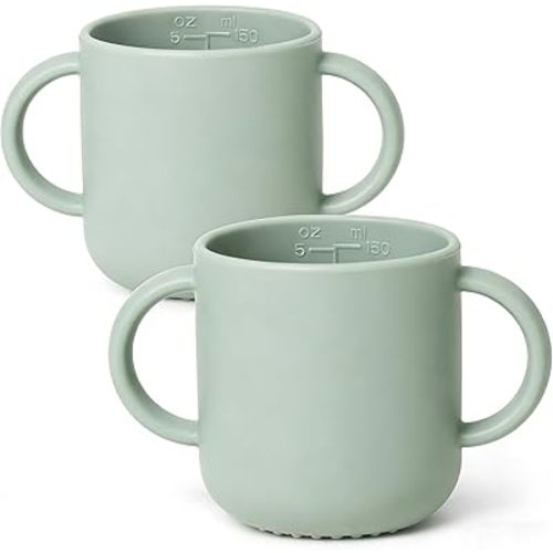 ROCCED Silicone Training Cup for Infants 2 Handles, Toddler Learning Cup Baby Drinking Open Cups Easy Grip Handles Toddler Cup for 6 Months+ 150ml/5oz-Sage