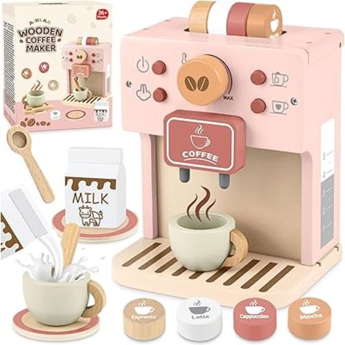 Airlab Kids Coffee Playset Toy Coffee Maker Set for Toddler Wooden Kitchen Accessories Pretend Play for Girls Boys Ages Birthday Gifts Pink