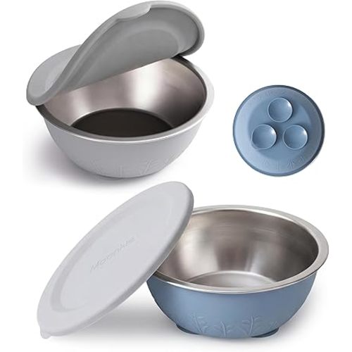 Moonkie Baby Bowls with Suction, Stainless Steel & Silicone Toddler Bowls with Lids, Seamless One-Piece Design Silicone Bowls for Babies 4 Months+, 13oz, BPA-Free, Lead-Free, Dishwasher Safe, 2 Pack