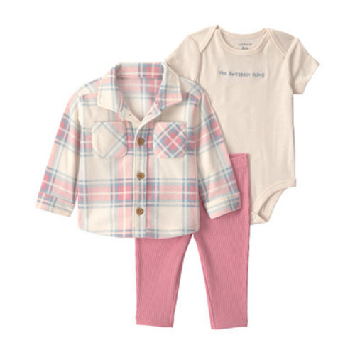 Baby Girls' Plaid Fleece Layering Short-Sleeve Bodysuit, Shirt and Pants, 3-Piece Set