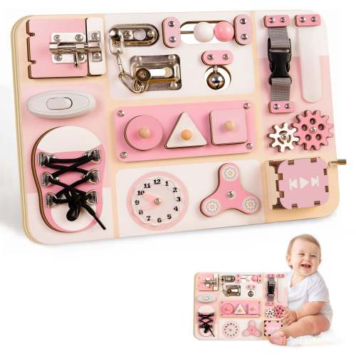 Montessori Busy Board for Toddlers, Wooden Sensory Activity Board with Locks, Buckles, Clock & Gears, Travel Learning Toy, Fine Motor Skills Toy, 1 Year Old Birthday Gifts