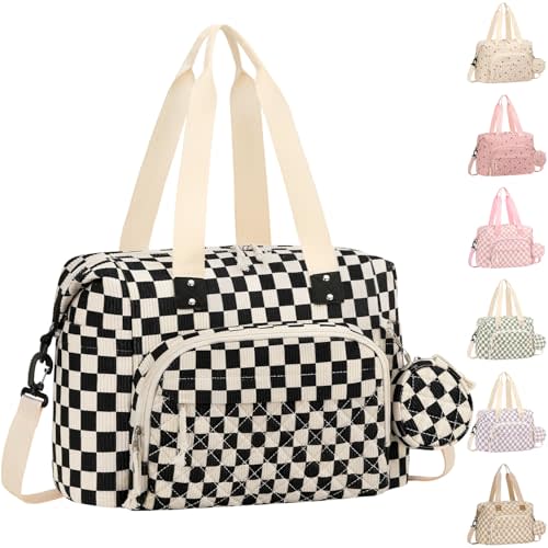 Tenot Diaper Bag Tote, Baby Bag with Pacifier Case, Black Checkered | Corduroy, Large Capacity, Travel Diaper Bag with Shoulder Straps for Mom, Dad, Baby Girl Boy, Maternity Hospital Bag