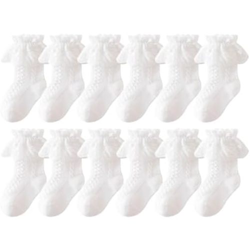 Baby Girls Ruffle Socks Toddler Girl's White Frilly Lace Dress Socks for Infants Mesh Crew Cotton,6 Pairs