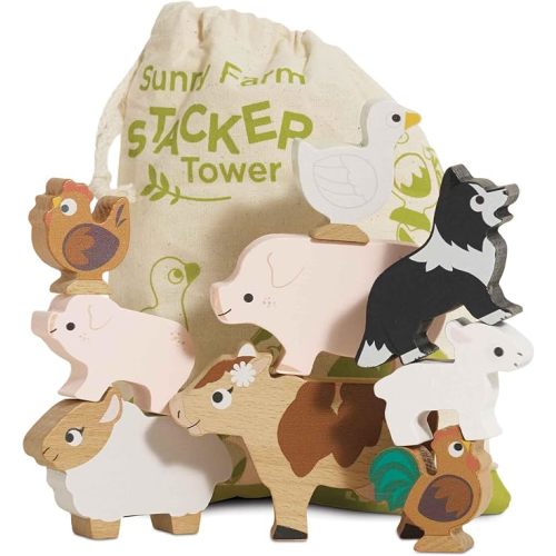 Le Toy Van Petilou Wooden Sunny Farm Stacking Animals and Bag | Farmyard Animal Building Blocks, Balancing Toy, Wooden Animal Toys for Toddlers, Suitable for 18 Months and Up