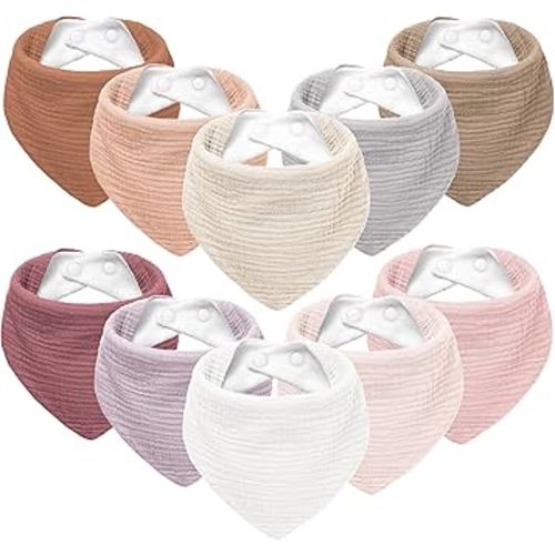 Susurration Muslin Baby Bibs 10Pack Baby Bandana Drool Bibs Soft Adjustable Newborn Bibs for Unisex Baby Girls & Boys (Rosabrun)