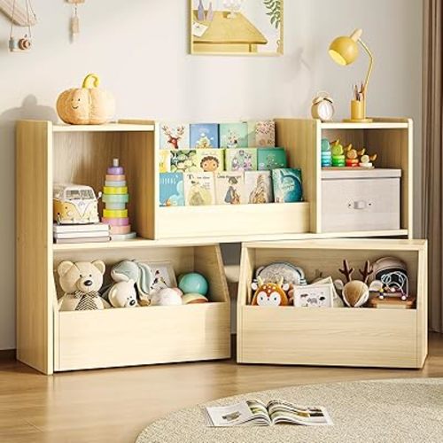 Kids Bookshelf and Toy Storage, 2-Tier Toddler Bookshelf with Storage Cubbies and 2 Movable Drawers on Wheels, Toy Storage Organizer, Montessori Bookcase for Kids Room, Playroom, Nursery