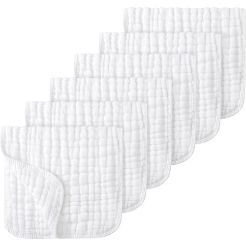 Looxii Muslin Burp Cloths Baby Girl 6 Pack - 20" x 10" - Ultra Soft & Absorbent, 6-Layer 100% Cotton for Spit Up & Drool- Gentle Baby Burping Cloth, Newborn Essentials Shower Gift Girl, White