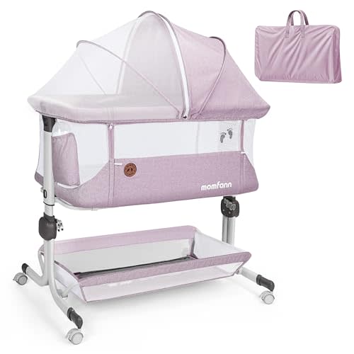 MOMFANN Bassinet Bedside Sleeper, Baby Bassinet with Enhanced Sturdiness, 360° Visible Breathable Mesh for Newborn, 6-Height Adjustment, Storage Basket, Easy Folding Bedside Crib (Pinkish Purple)