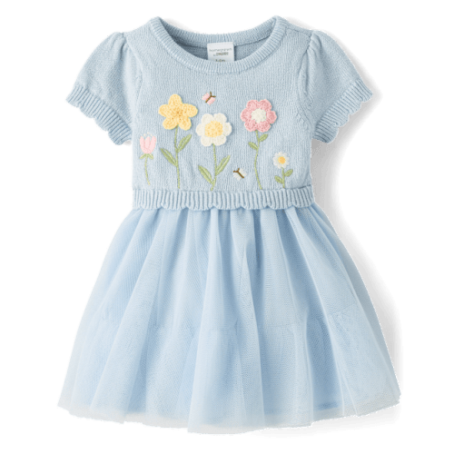 Baby Girls Crochet Floral Tutu Dress - Enchanted Garden - Blue