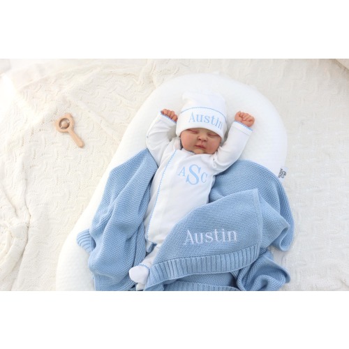 Personalized Baby Knit Blanket, Monogram Footie & Hat Set | Custom Newborn Gift | Baby Shower Gift