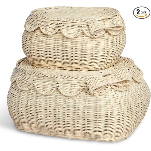BEBE BASK The Original Scalloped Bow Basket with Lid – Set of 2 (15 x 11 x 6 in) – Handwoven Rattan Scalloped Wicker Basket with Lid, Woven Baskets for Storage (Bow)