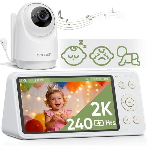 bonoch 2K Baby Monitor with Camera and Audio, 5.5" Smart No WiFi Video Baby Camera, 240h Battery, 1600ft Long Range, Crying/Motion/Turnover Detect, Hack Proof, Night Vision, White Noise, Shower Gifts