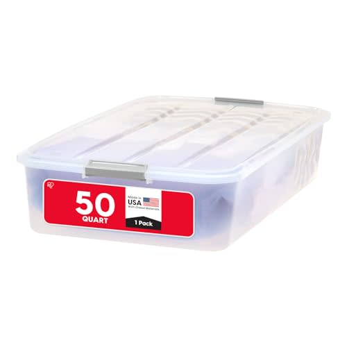IRIS USA 50 Qt Plastic Under Bed Storage Organizer Bin Container with Secure Lids and Durable Black Buckles, Multi-Purpose for Clothes Shoes Clothing Bedding, Long, Clear