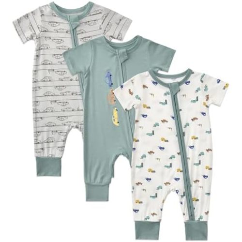 Aablexema Baby Short Sleeve Footless Romper 3-Pack Rayon of Bamboo 2 Way Zipper One Piece Pajamas Jumpsuits for Boys Girls