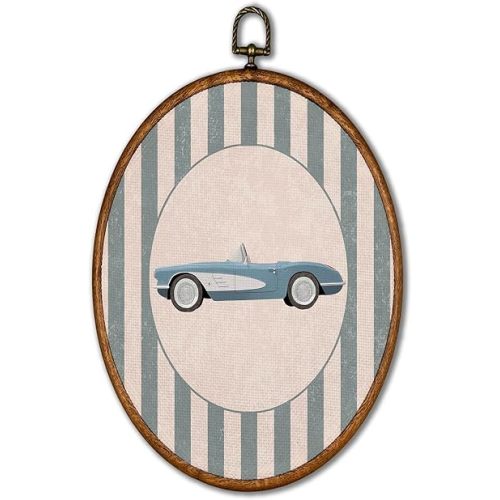 KSDUT Vintage Blue Car Vehicle Wall Art Decor - Retro Sports Green Stripes Wall Art Canvas Frame Hanging Prints, Nursery Sports Gallery Oval Artwork Decor for Home Kids Room Decorations 8.6"x11.4"