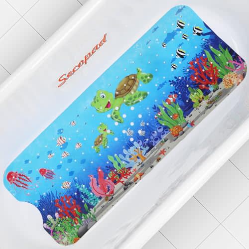 Secopad Bathtub Mat Non Slip, Cute Tub Mat, 40" x 16", Turtles | Rectangular, Anti-Slip, Machine Washable, with Drain Holes and Suction Cups,For Bathtub and Shower Floor, for Toddler & Kids
