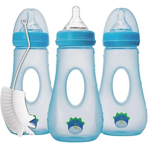 Avima Easy Grip Anti Colic Baby Bottles, BPA Free, 8 oz. Wide Neck w/Medium Flow Silicone Nipples & Bottle Brush Blue Set (Pack of 3)