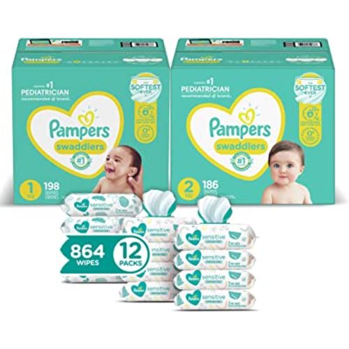Pampers Baby Diapers and Wipes Starter Kit, Swaddlers Disposable Baby Diapers Sizes 1 (198 Count) & (186 Count) with Sensitive Water-Based Baby Wipes, 12 Pop-Top and Refill Combo Packs, 864 Count