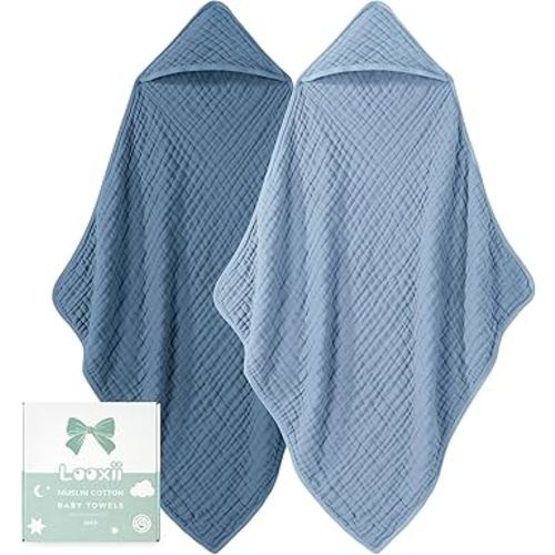 Looxii Baby Bath Towels 2 Pack Muslin Hooded Baby Towels for Newborn and Infants, 100% Cotton, Large 32x32Inch, Soft and Absorbent