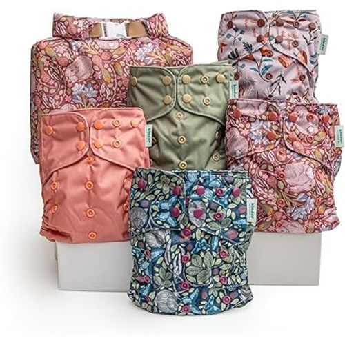 Kinder Cloth Diapers Reusable Baby Diapers Pocket Style Athletic Wicking Jersey, Wet Bag, Newborn to Potty Training 7-60lbs, One Size, Inserts NOT Included (Garden Party, 5 Pack, Without Inserts)