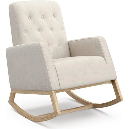 Storkcraft Northern Lights Premium Upholstered Nursery Rocking Chair (Ivory with Natural) – Stylish & Supportive Nursery Chair with Natural Wood Rocker Base, Premium Button Tufting for Classic Style