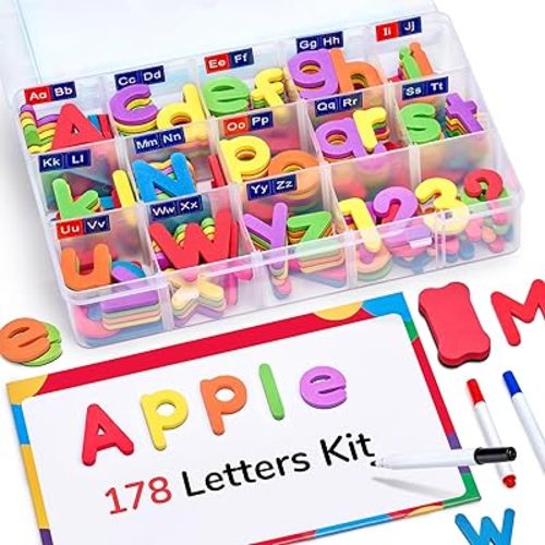 Gamenote Classroom Magnetic Alphabet Letters Kit 178Pcs with Double Side Magnet Board - Foam Alphabet Letters for Preschool Kids Toddler Spelling and Learning Colorful ABC Education Fridge Magnets