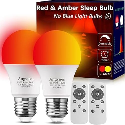 Red and Amber Sleep Bulb with Remote Control Choose 660nm Red Light or 1800K Amberlight,Timer Function, 10W Blue Light Blocking A19 Bulb, E26 Base, for Sleep Therapy,Bedrooms 2Pack