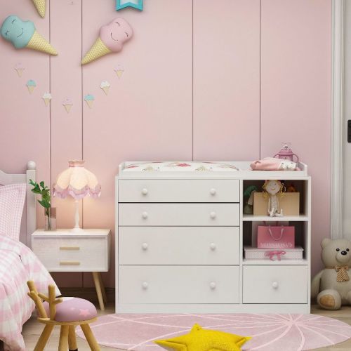 Famapy White Changing Table With 2 Shelves and 5 Storage Drawers Dresser Nursery Furniture Baby Dresser