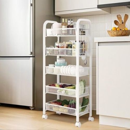 5-Tier Metal Rolling Storage Cart with Wheels and Handle, Multi-Functional Movable Organizer Trolley for Kitchen, Office, Living Room, White