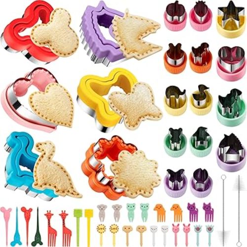 48Pcs Sandwich Cutter and Sealer Set for Kids, Decruster Sandwich Maker Holiday Cookie Cutters Fruit Vegetable Food Cutter Shapes for Boy & Girls Bento Lunch Box w/Mickey Mouse Dinosaur Unicorn Heart