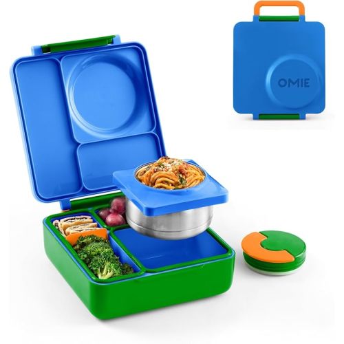 OmieBox Bento Box for Kids - Insulated Bento Lunch Box with Leak Proof Vacuum Insulated Food Jar - 3 Compartments, Two Temperature Zones (Monster Blue)
