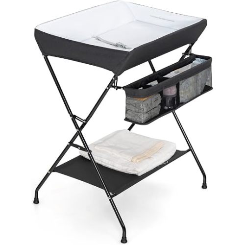 Costzon Changing Table, Portable Baby Changing Table Foldable Diaper Changing Station with Safety Belt, Large Storage Rack & Shelf, Nursery Organizer for Newborn Infant (Black)