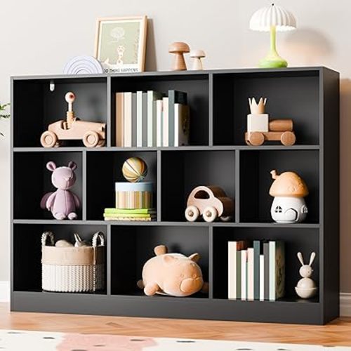 Cozy Castle Black Bookshelf, 3-Tier Open Shelf Bookcase, 10 Cube Storage Organizer with Anti-Tilt Device, Freestanding Horizontal Bookshelf Cube Shelf for Bedroom, Living Room, Office