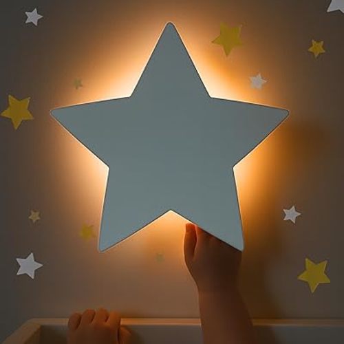Dimmable Star Wall Light for Kids Room & Nursery – Rechargeable LED Night Lamp with Touch Control – Gentle Glow for Baby Room Decor (Moon & Stars Decals Included)