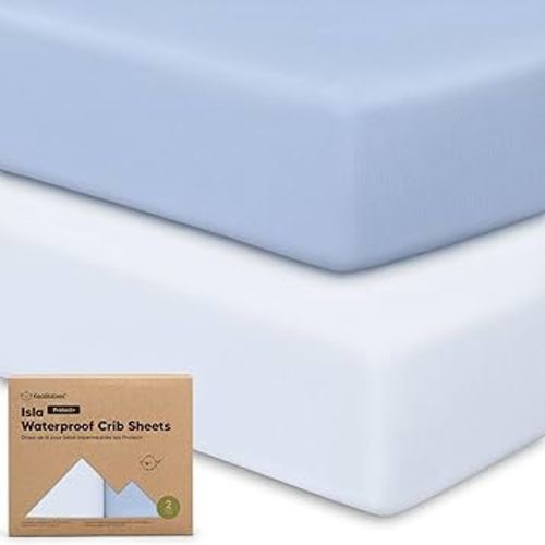 2-Pack Waterproof Baby Crib Sheets for Boys, Girls - 52x28 Viscose Derived from Bamboo Toddler Bed Sheet Neutral, Fitted Crib Mattress Protector Cover for Baby Bedding, Soft & Gentle (Blue Flax)