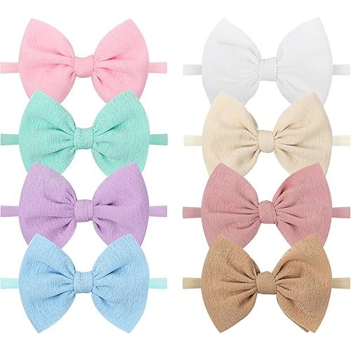 8PCS Baby Girl Headbands with Bows Slub Fabric Macaron Hair Bow Stretchy Hair Bands for Newborn Infant Toddler Little Girls Hair Accessories