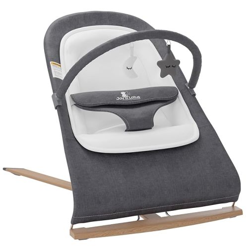 Baby Bouncer for Babies 0-6 Months (Aluminum) Bouncy Seat for Infants with Wood Accents - Newborn Bouncer - Portable Infant Bouncer with Removable Bar & Travel Bag