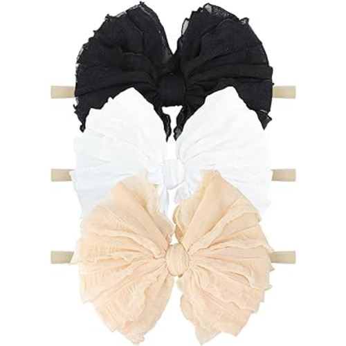Baby Girl Headband with Bows, 3Pcs Nylon Hair Accessories for Infant, Toddler Girls, Black, White, Beige - HAIRBAND