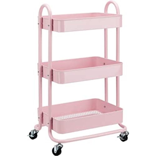 Amazon Basics 3-Tier Rolling Utility or Kitchen Cart, Lockable Wheels, Multifunctional Storage, Dusty Pink