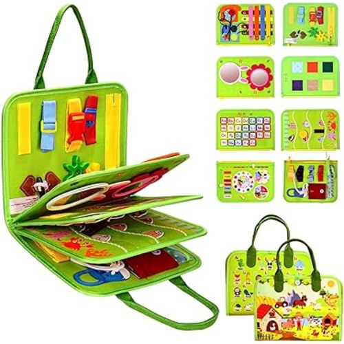 JHkim Busy Board Montessori Toys, Birthday Gifts for Boys Girls, Autism Sensory Travel Toy, Educational Activity Busy Book Board, Learning Fine Motor Skills Toys, Green