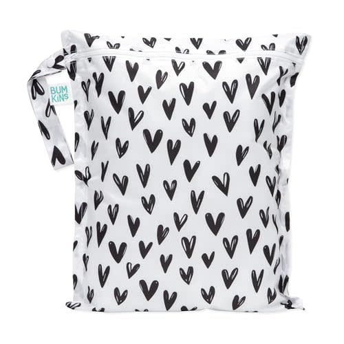 Bumkins Waterproof Wet Bag for Baby, Travel, Swim Suit, Cloth Diapers, Pump Parts, Pool, Beach, Gym Clothes, Toiletry, Hook to Stroller, Daycare, Zipper Reusable Wetdry Packing Pouch, Black Hearts