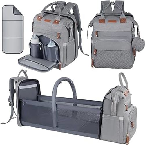 Baby Diaper Bag, Backpack with Changing Table, Unisex Baby Bag, with Diaper Pad, USB Charging Port, Insulated Pacifier Case, Multifunctional Waterproof Travel Diaper Bag, Gift for Newborn Baby (Grey)