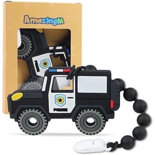 Baby Food Grade Silicone Carrier Vehicle Teether Toy with Pacifier Clip Holder,Teething Toys Gift Set for 3 Months+ Boys and Girls,Freezer Safe,BPA Free. (Police Car)