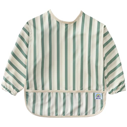 ARI MES Baby Bibs With Sleeves Waterproof Toddler Smock Bib Feeding | Full Coverage Sleeves, Catch All Pocket, Waterproof PU Material, Machine Washable, Ages 6-72 Months, Mess Free Meals