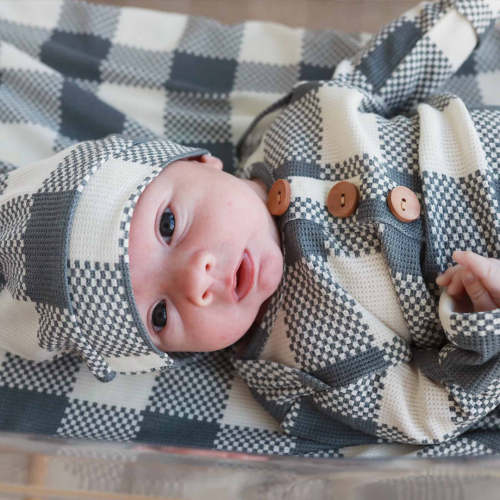 Big Check Bamboo Waffle Newborn Baby Knot Gown & Hat Set | Denim